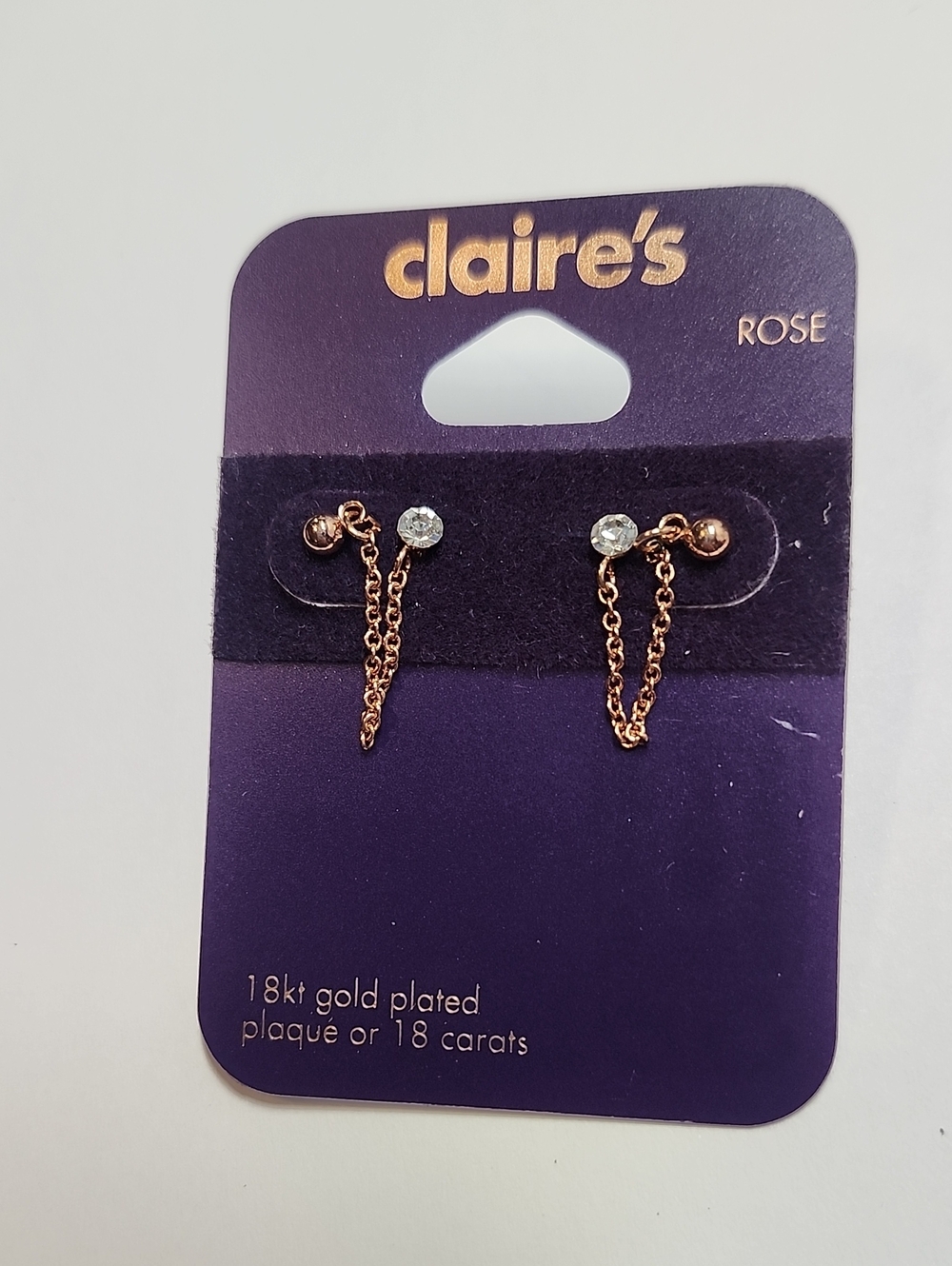 Claire's 18K Rose Gold Plated Chain Drop Stud Earrings with Clear Stones